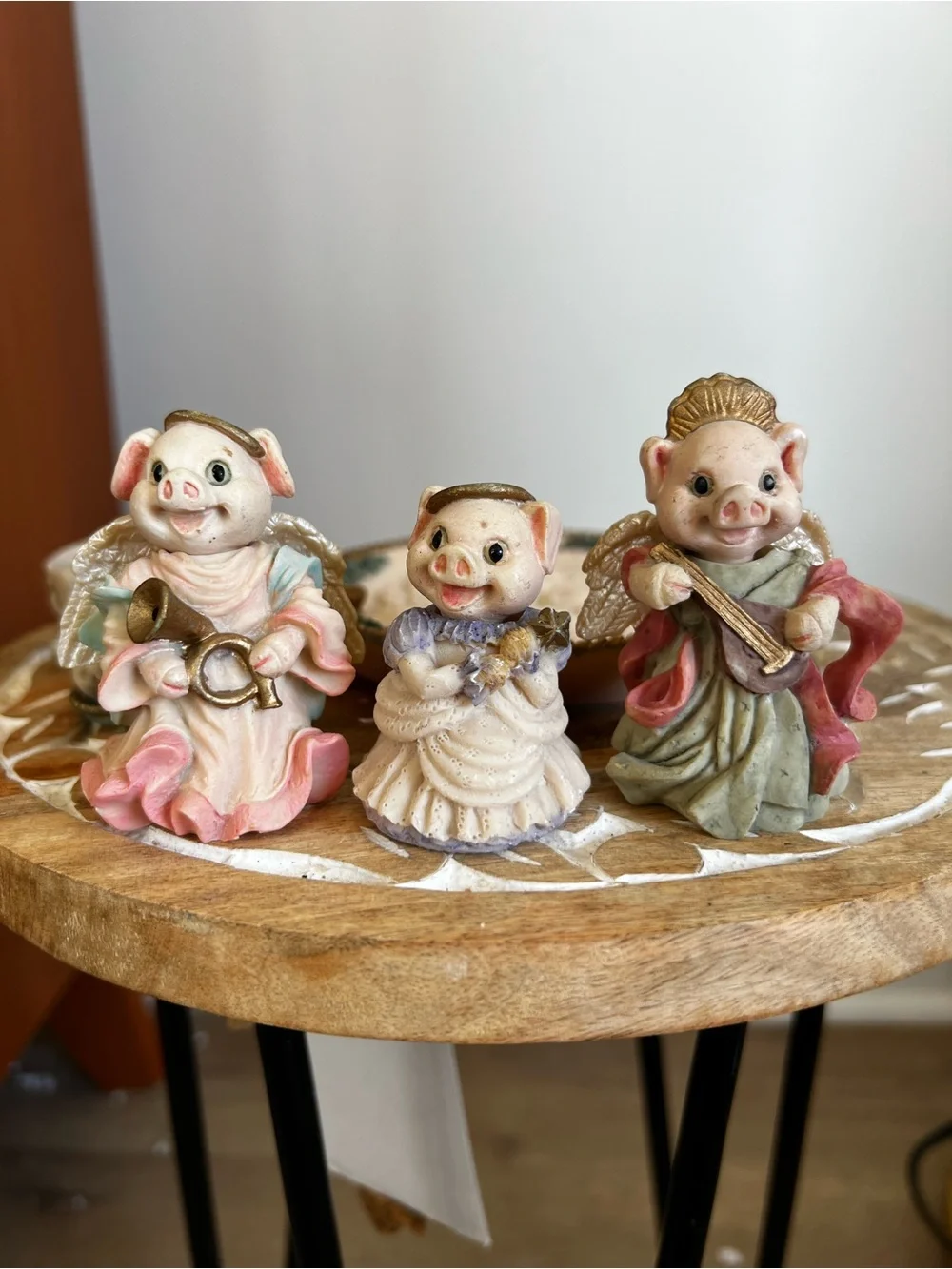 Hand-Painted Ceramic Piglet Figurine Ensemble in Pastel Colors
